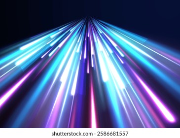 Creative vector illustration of flying cosmic meteor, planetoid, comet, fireball isolated on transparent background. Effect, png, wave,neon,line. Light arc in neon colors, in the form of a turn.