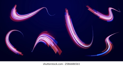 Creative vector illustration of flying cosmic meteor, planetoid, comet, fireball isolated on transparent background. Effect, png, wave,neon,line. Light arc in neon colors, in the form of a turn.