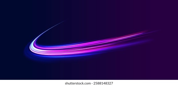 Creative vector illustration of flying cosmic meteor, planetoid, comet, fireball isolated on transparent background. Effect, png, wave,neon,line. Light arc in neon colors, in the form of a turn.  