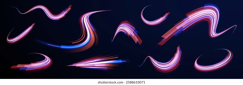 Creative vector illustration of flying cosmic meteor, planetoid, comet, fireball isolated on transparent background. Effect, png, wave,neon,line. Light arc in neon colors, in the form of a turn.