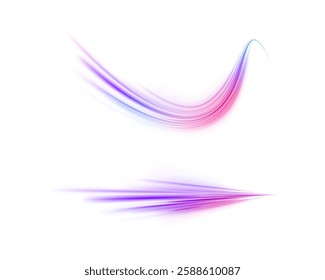 Creative vector illustration of flying cosmic meteor, planetoid, comet, fireball isolated on transparent background. Effect, png, wave,neon,line. Light arc in neon colors, in the form of a turn.