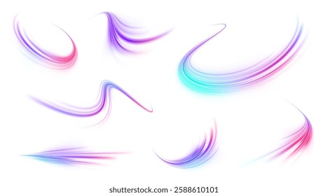 Creative vector illustration of flying cosmic meteor, planetoid, comet, fireball isolated on transparent background. Effect, png, wave,neon,line. Light arc in neon colors, in the form of a turn.