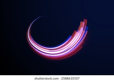 Creative vector illustration of flying cosmic meteor, planetoid, comet, fireball isolated on transparent background. Effect, png, wave,neon,line. Light arc in neon colors, in the form of a turn.