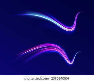 Creative vector illustration of flying cosmic meteor, planetoid, comet, fireball isolated on transparent background. Effect, png, wave,neon,line. Light arc in neon colors, in the form of a turn.  