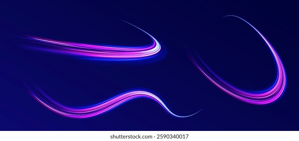 Creative vector illustration of flying cosmic meteor, planetoid, comet, fireball isolated on transparent background. Effect, png, wave,neon,line. Light arc in neon colors, in the form of a turn.  