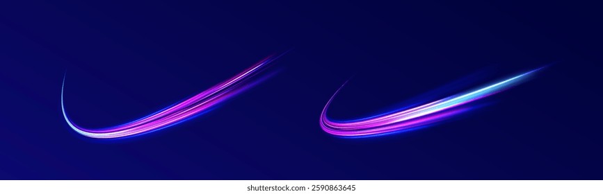 Creative vector illustration of flying cosmic meteor, planetoid, comet, fireball isolated on transparent background. Effect, png, wave,neon,line. Light arc in neon colors, in the form of a turn.  