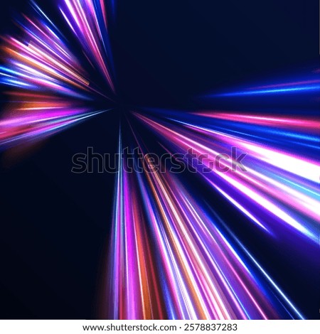 Creative vector illustration of flying cosmic meteor, planetoid, comet, fireball isolated on transparent background. Effect, png, wave,neon,line. Light arc in neon colors, in the form of a turn. 