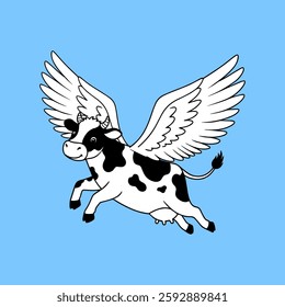 A creative vector illustration of a flying cow with large wings, set against a blue background. Perfect for fantasy, surreal, and humorous design projects. Ideal for prints and digital use.