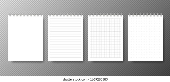 Creative vector illustration of four realistic notebooks lines and dots paper page isolated on transparent background. Vector illustration.