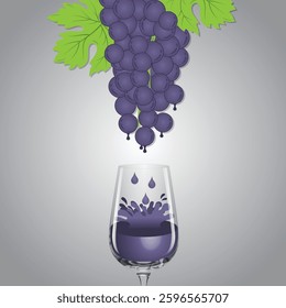 A creative vector illustration of a fresh bunch of purple grapes dripping juice into a glass. The glass is partially filled with purple grape juice, creating a splash effect. 