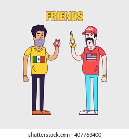 Creative vector illustration of friendship between mexicans and americans. Friends are drinking beer. Friendly neighborhood between USA and Mexico.