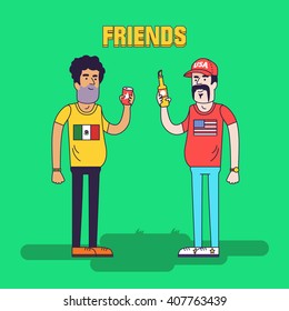 Creative vector illustration of friendship between mexicans and americans. Friends are drinking beer. Friendly neighborhood between USA and Mexico.