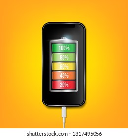 Creative vector illustration of full charged battery smartphone with cellphone usb plugs cable isolated on background. Art design universal recharger accessories. Abstract concept graphic element