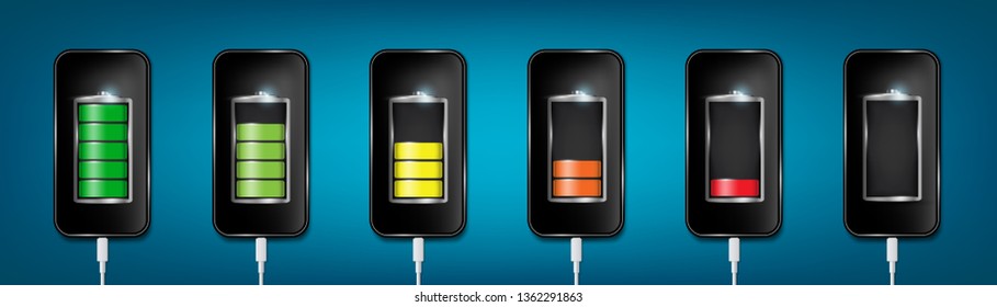 Creative vector illustration of full charged battery smartphone with cellphone usb plugs cable isolated on background. Art design universal recharger accessories. Abstract concept graphic element