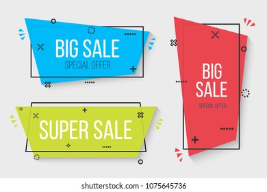 Creative vector illustration of geometric vector banners. Art design vivid transparent. Trendy flat poster. Green, blue abstract concept graphic element. Memphis style. Season sale template.