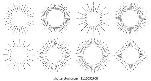 Creative vector illustration of geometric hand drawn sun beams isolated on background. Art design linear sunlight waves, shining lines ray stars. Abstract concept graphic round or circle form element