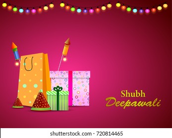 Creative Vector illustration with gifts and crackers for celebration of Indian Festival of Lights,Happy Diwali ( Shubh Deepawali) celebration.