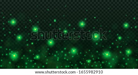 Creative vector illustration of glowing fireflies isolated on transparent dark background. Art design green glowing firefly template. Abstract concept sparks dust element, lightning bugs at night