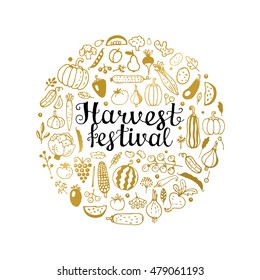Creative vector illustration with golden doodle vegetables and fruits arranged in a circle. Harvest festival" poster concept.
