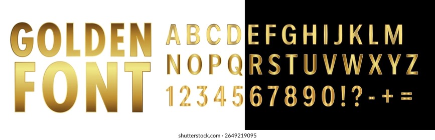 Ilustração vetorial criativa de fonte brilhante dourada, alfabeto dourado, uma fonte de metal isolada em um fundo transparente. Arte design de luxo metálico tipográfico abc. Elemento gráfico de conceito abstrato.
