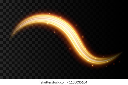 Creative vector illustration of golden light effect, glowing wavy lines, shine curve sparkles isolated on transparent background. Art design magic twinkle particles. Abstract concept graphic element