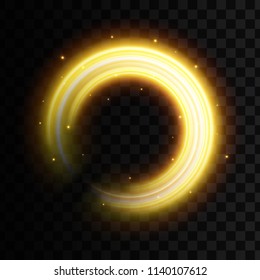 Creative vector illustration of golden light effect, glowing wavy lines, shine curve sparkles isolated on transparent background. Art design magic twinkle particles. Abstract concept graphic element