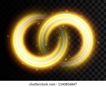Creative vector illustration of golden light effect, glowing wavy lines, shine curve sparkles isolated on transparent background. Art design magic twinkle particles. Abstract concept graphic element