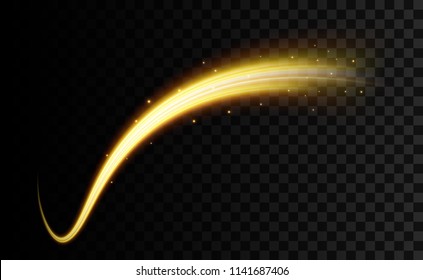 Creative vector illustration of golden light effect, glowing wavy lines, shine curve sparkles isolated on transparent background. Art design magic twinkle particles. Abstract concept graphic element