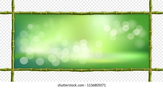 Creative vector illustration of green bamboo sticks border frame, blur bokeh background and blurry white circles inside isolated. Abstract concept tropical signboard with empty copy space for text.