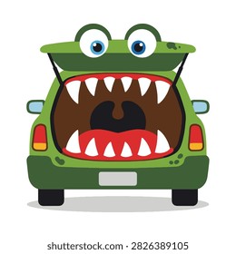 A creative vector illustration of a green car with its trunk open, transformed into a funny monster character with large googly eyes and sharp white teeth. This playful design is perfect for Halloween-themed graphics, automotive marketing, or children's content.