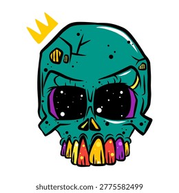 Creative Vector Illustration of a Green Cartoon Zombie Skull Wearing a Golden Crown