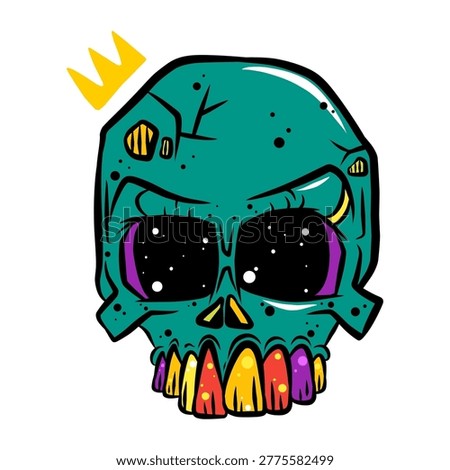 Creative Vector Illustration of a Green Cartoon Zombie Skull Wearing a Golden Crown