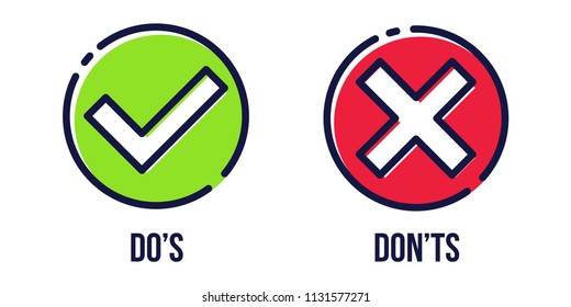 Creative vector illustration of green tick, red cross isolated on transparent background. Art design with text do and dont. Right or wrong. True or false. Abstract concept graphic element