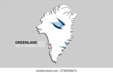 Creative vector illustration of the Greenland map stylized as a subtle character with expressive lines, combining geography and storytelling. Ideal for editorial, conceptual art, and awareness campaigns.
