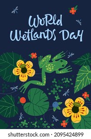 Creative vector illustration of greeting card with inscription World Wetlands Day and frog swimming among plants on blue background