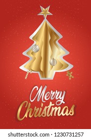 Creative vector illustration greetings with golden christmas tree design for holidays. Can be used for backgrounds, prints, christmas party, t-shirt, logo and new year designs. 