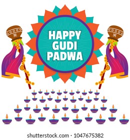Creative vector illustration for Gudi Padwa (Hindu lunar New year) celebrated by people of Maharashtra. Can be used for banner, greetings, posters, text, festival elements and religious backgrounds.