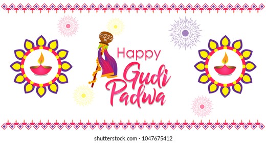 Creative vector illustration for Gudi Padwa (Hindu lunar New year) celebrated by people of Maharashtra. Can be used for banner, greetings, posters, text, festival elements and religious backgrounds.