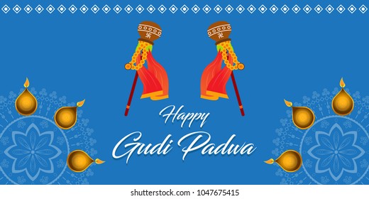 Creative vector illustration for Gudi Padwa (Hindu lunar New year) celebrated by people of Maharashtra. Can be used for banner, greetings, posters, text, festival elements and religious backgrounds.