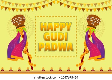 Creative vector illustration for Gudi Padwa (Hindu lunar New year) celebrated by people of Maharashtra. Can be used for banner, greetings, posters, text, festival elements and religious backgrounds.