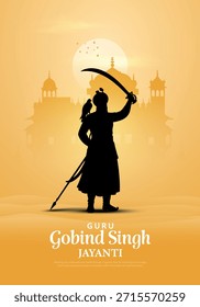 Ilustración vectorial creativa de diseño de silueta de gurú gobind singh con templo dorado para la celebración de Gurú Gobind Singh Jayanti.