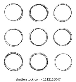 Creative vector illustration of hand drawning circle line sketch set isolated on transparent background. Art design round circular scribble doodle. Abstract graphic element for message note mark