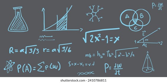 Creative vector illustration of handwritten math equation, physics formulas and figures background.