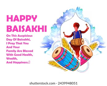 Ilustración vectorial creativa de la celebración feliz del baisakhi con los hombres que bailan en Dhol