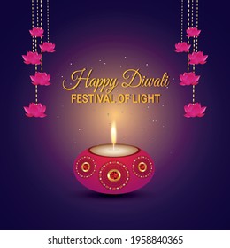 Creative vector illustration of happy diwali indian festival greeting card with diwali diya on puple background