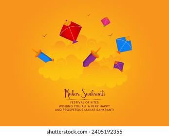 Ilustración vectorial creativa de la feliz celebración de Makar Sankranti, vibrantes cometas volando en el cielo