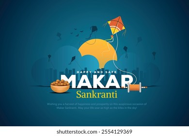 Creative vector illustration of Happy Makar Sankranti holiday India festival. silhouette children enjoying festival of uttrayan. 
