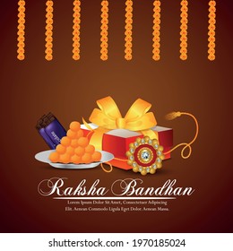 Creative vector illustration of happy raksha bandhan invitation greeting card with gifts and rakhi and garland flower