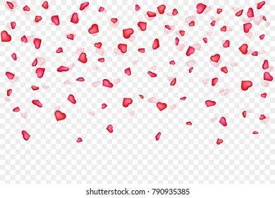 Creative vector illustration of heart confetti, happy valentines petals falling isolated on transparent background. Art design for women day. Abstract concept graphic seamless element pattern.