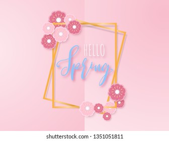 Creative vector illustration Hello spring banner background paper cut style. Plum flower or cherry blossom with golden square. Invitation card, template, poster, advertising board, voucher discount.